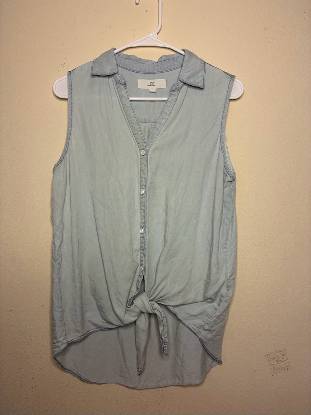 Thread & Supply Large Women's Solid Blue Chambray Button Up Front Knot Top Hi Lo